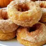 Delicious gluten-free baked pumpkin donuts on a wooden table.