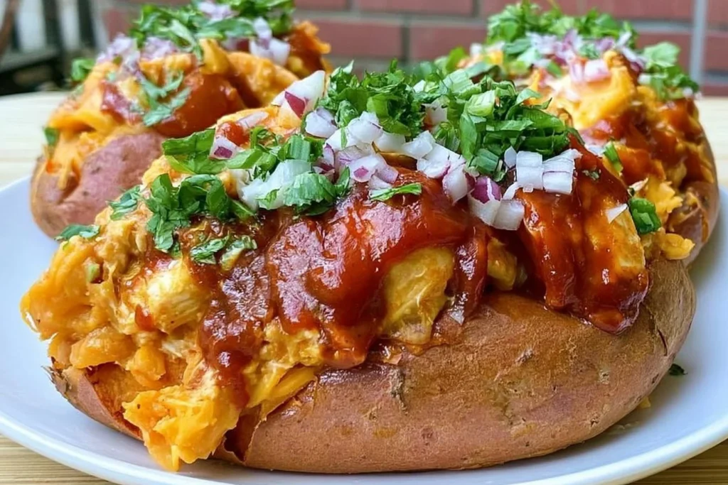 BBQ chicken stuffed sweet potatoes topped with fresh herbs