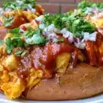 BBQ chicken stuffed sweet potatoes topped with fresh herbs