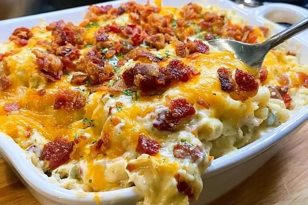 Savory Chicken Bacon Ranch Casserole topped with cheese, ready in 30 minutes.