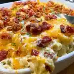 Savory Chicken Bacon Ranch Casserole topped with cheese, ready in 30 minutes.