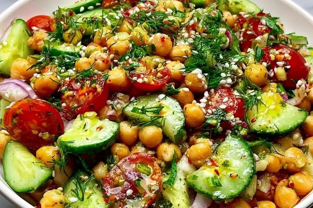 Chickpea cucumber salad with fresh vegetables in a bowl