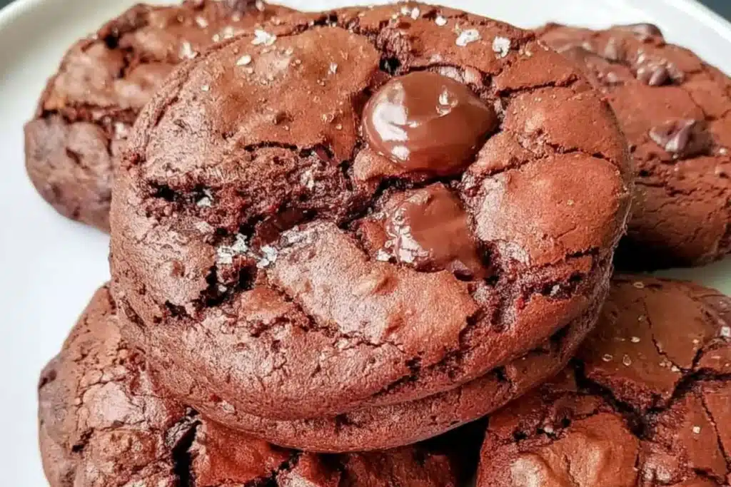 Delicious homemade chocolate gluten free brownie cookies on a plate.