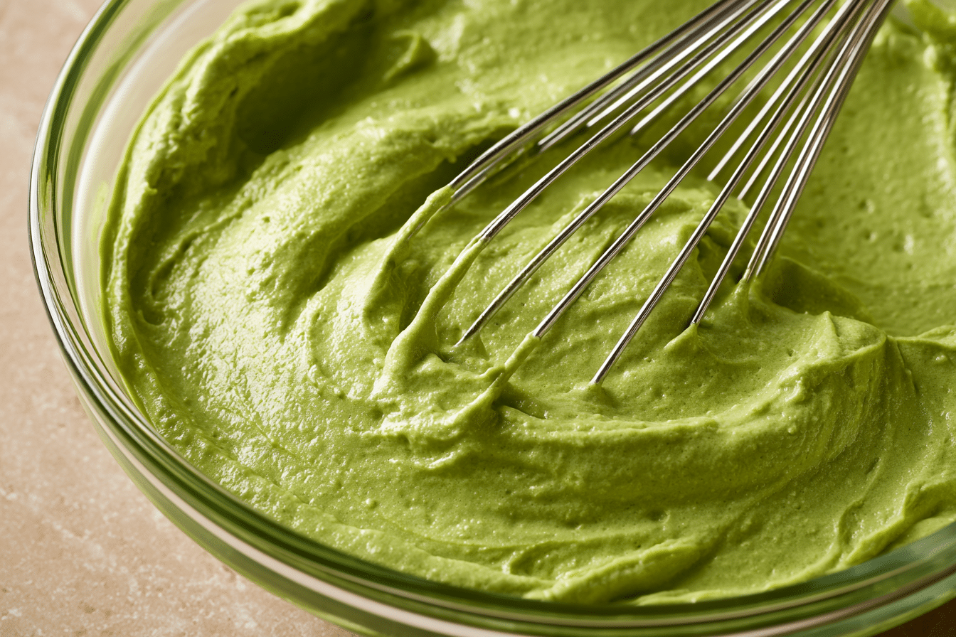 Close-up photograph of a bowl of green matcha whipped cream with a whisk resting in it, showing a smooth, airy texture.
