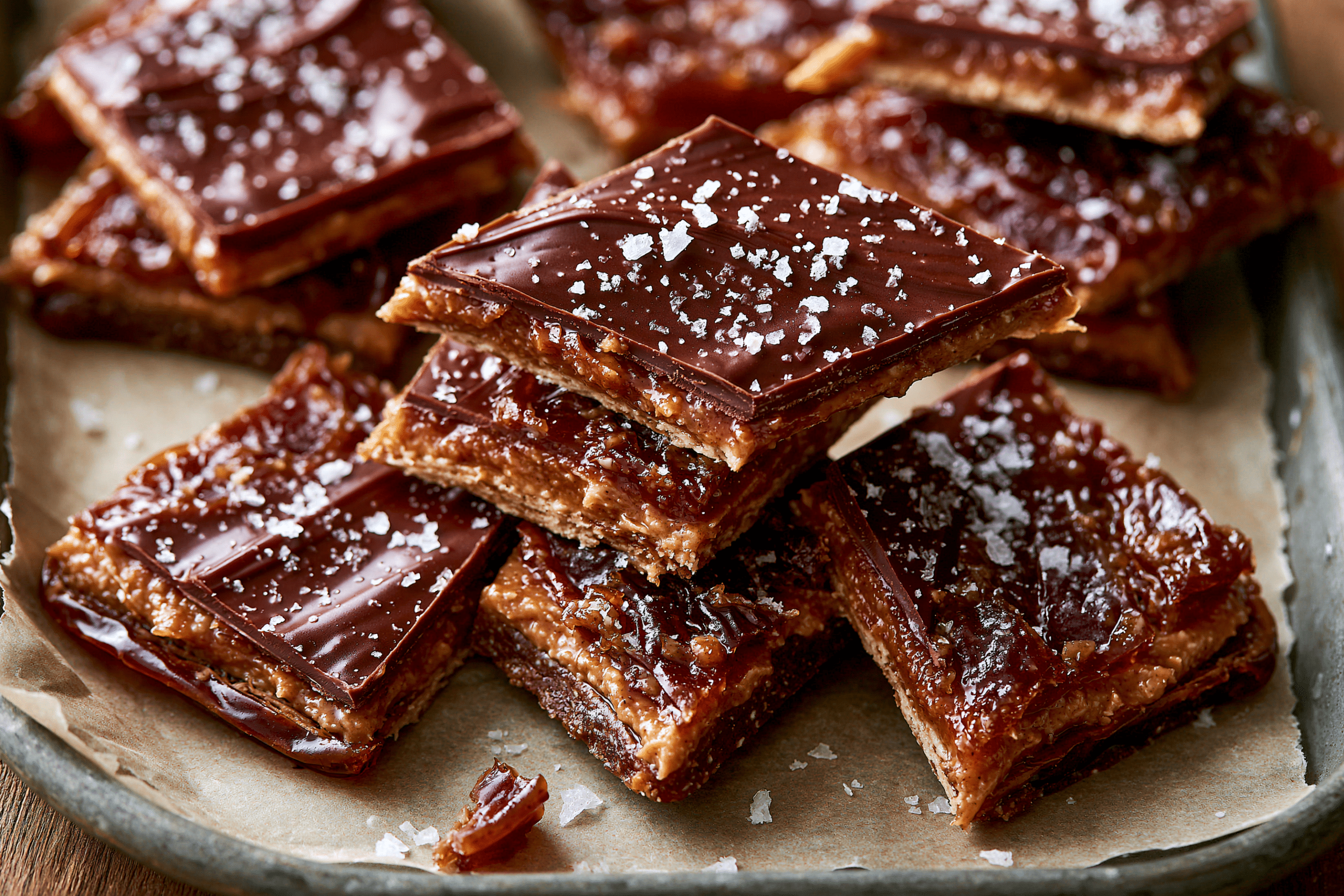 Close-up photograph of finished gluten-free protein date bark broken into irregular pieces, showcasing the layers of flattened dates, creamy filling, and chocolate topping with sea salt flakes, on a parchment-lined tray.