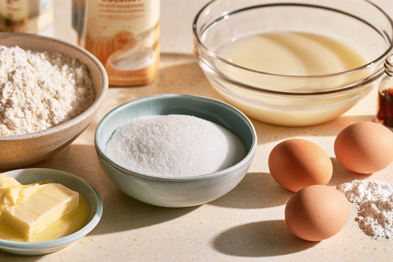 Close-up shot of various baking ingredients laid out on a kitchen counter, specifically sweet rice flour, a bowl of granulated sweetener, a carton of coconut beverage, melted butter in a small dish, two eggs, baking powder, and vanilla extract, ready for making crispy mochi muffins.