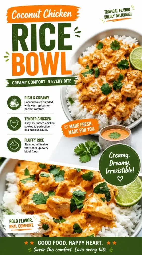 Delicious Coconut Chicken Rice Bowl served in a bowl, ready for a quick dinner