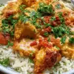 Coconut Chicken Rice Bowl with vegetables and spices for a healthy dinner
