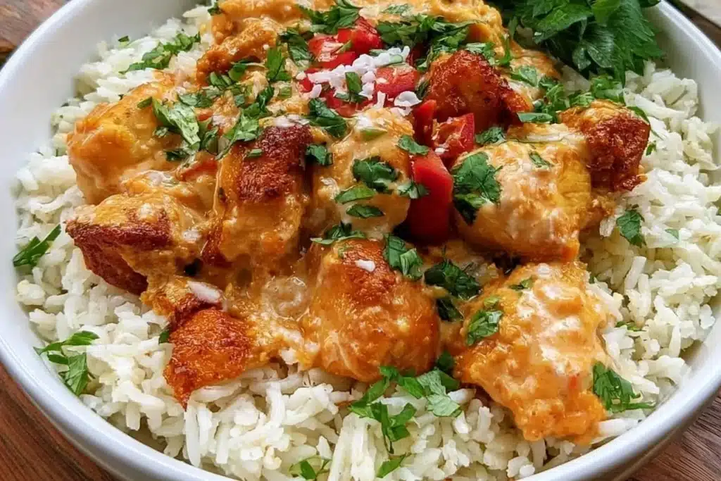 Delicious Coconut Chicken Rice Bowls topped with fresh herbs and spices