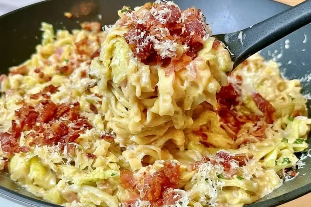 Creamy cabbage carbonara dish served in a bowl, perfect for dinner.