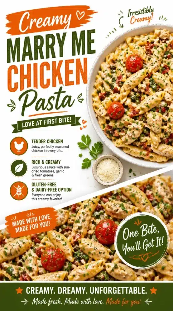 Creamy Marry Me Chicken pasta dish served with fresh herbs and parmesan cheese.