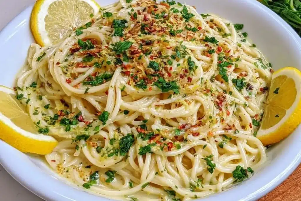 Creamy vegan lemon pasta served in a bowl, perfect for a quick weeknight dinner.