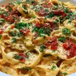 Creamy vegan sun-dried tomato pasta served in a bowl with fresh basil.