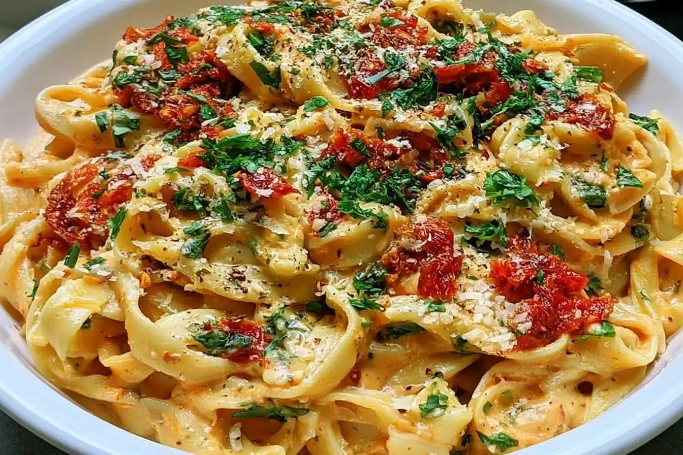 Creamy vegan sun-dried tomato pasta served in a bowl with fresh basil.