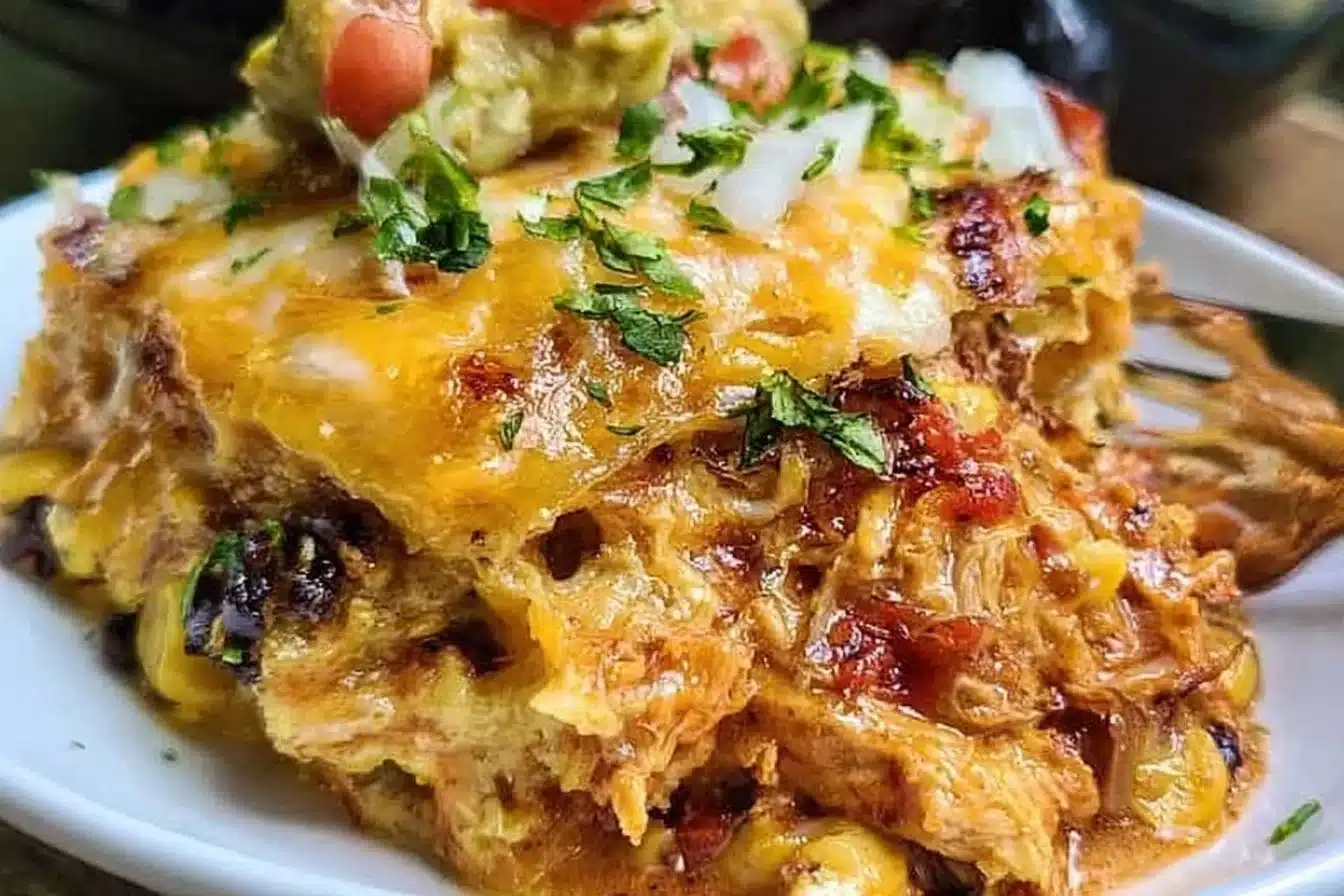 Crockpot chicken enchiladas casserole served on a plate with toppings