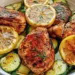 Plate of easy Asado Chicken served with lemon zucchini sauté