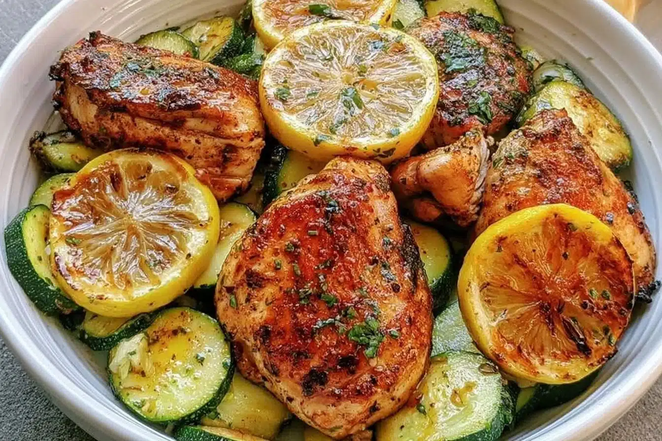 Plate of easy Asado Chicken served with lemon zucchini sauté