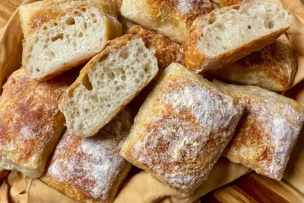Freshly baked easy gluten free ciabatta rolls on a wooden board