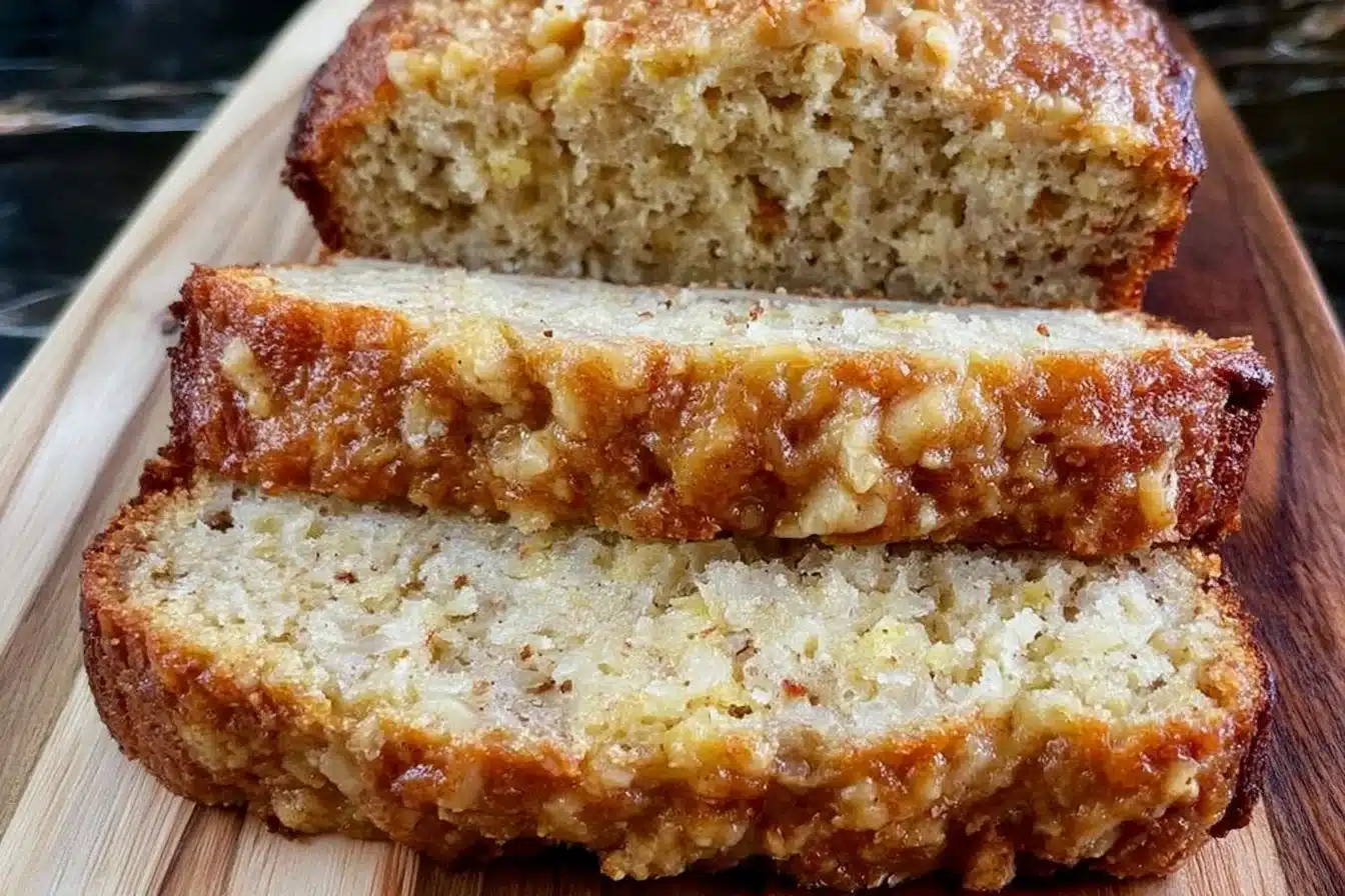 Loaf of gluten-free banana bread with slices on a wooden table