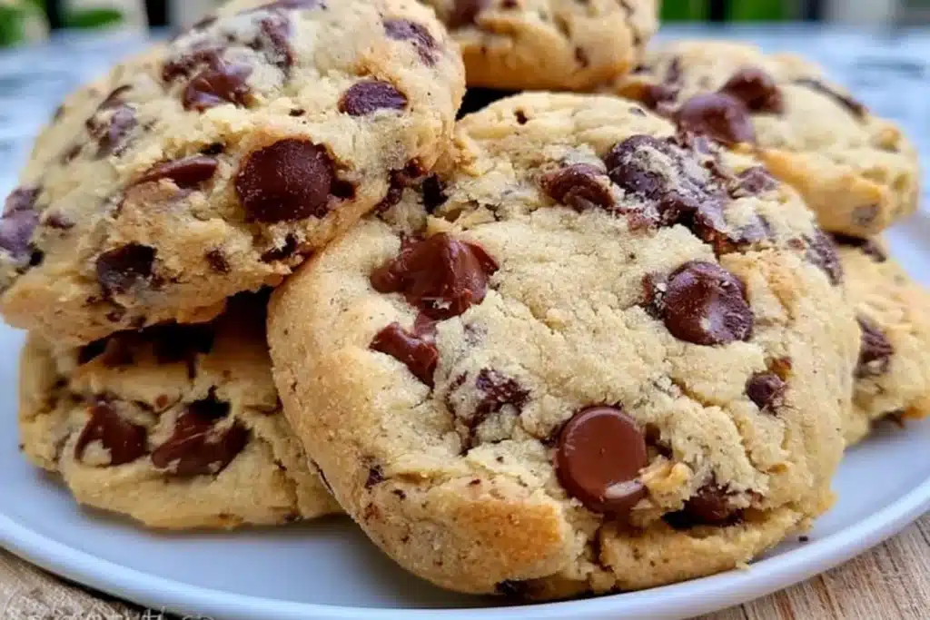 Freshly baked gluten-free chocolate chip cookies on a cooling rack