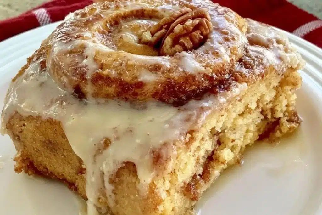 Gluten free cinnamon roll cake topped with icing on a plate