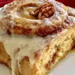 Gluten free cinnamon roll cake topped with icing on a plate