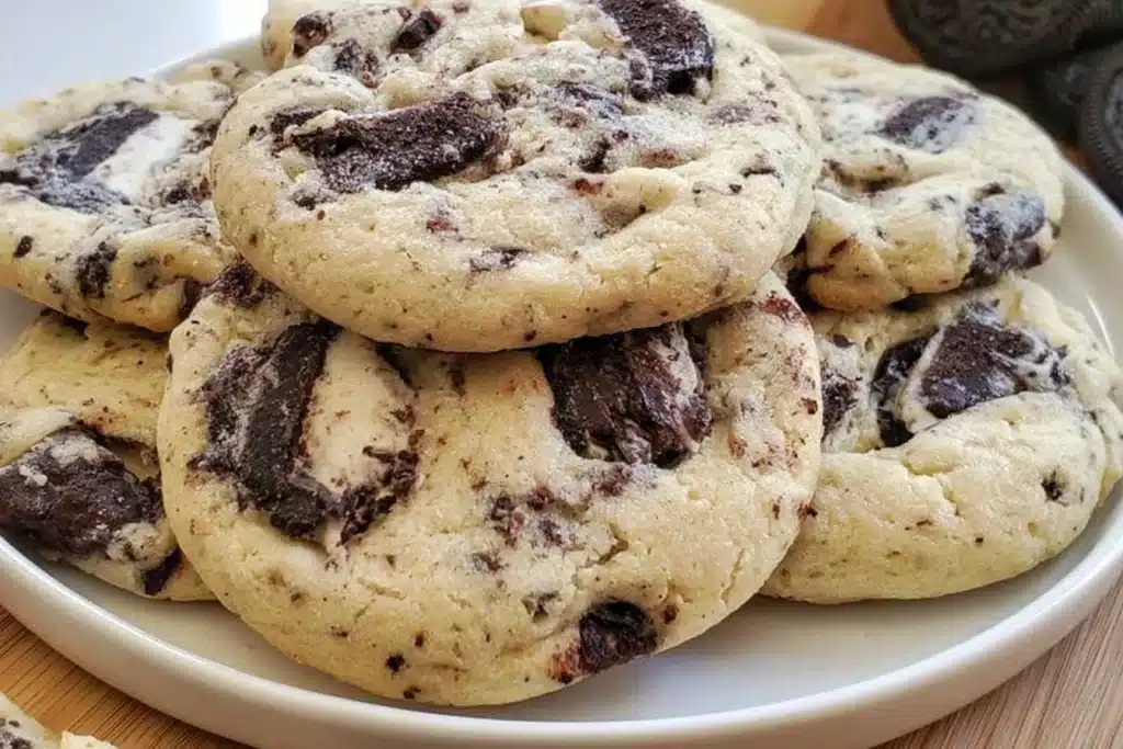Delicious gluten-free cookies & cream cookies on a plate.