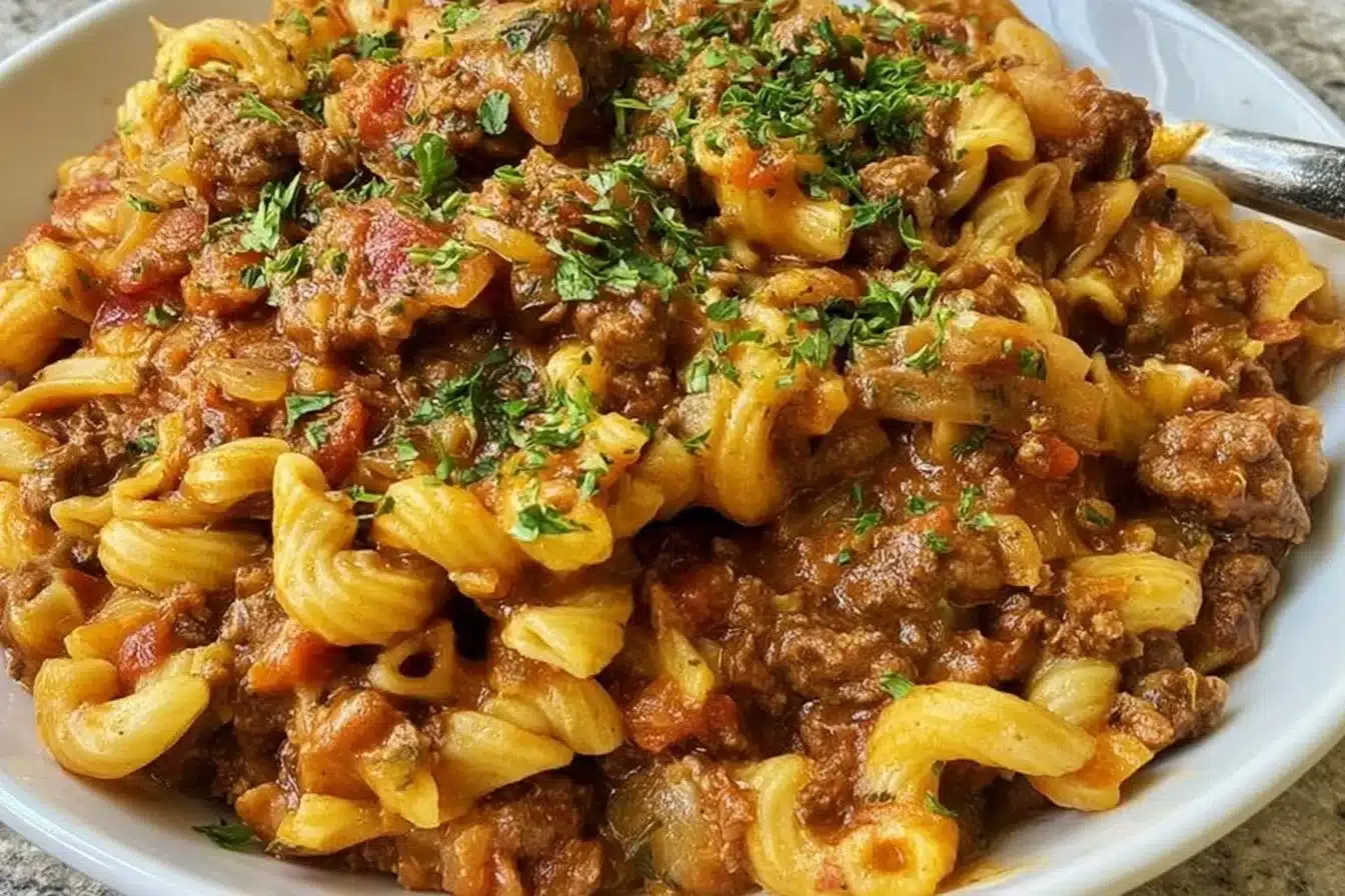 Gluten-free dairy-free Hamburger Helper dish served in a bowl.