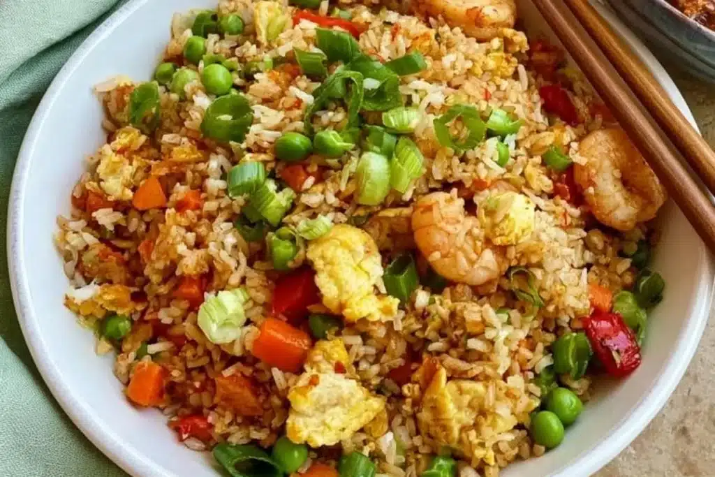 Delicious gluten free fried rice served in a bowl garnished with vegetables.
