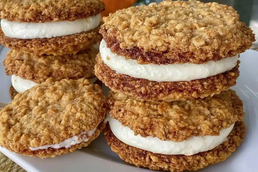 Gluten-free oatmeal cream pies stacked on a plate, homemade dessert treat.