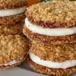 Gluten-free oatmeal cream pies stacked on a plate, homemade dessert treat.