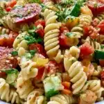 Colorful gluten-free pasta salad with fresh veggies on a plate