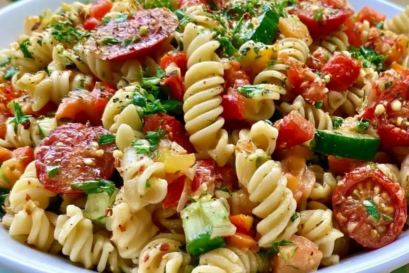 Colorful gluten-free pasta salad with fresh veggies on a plate