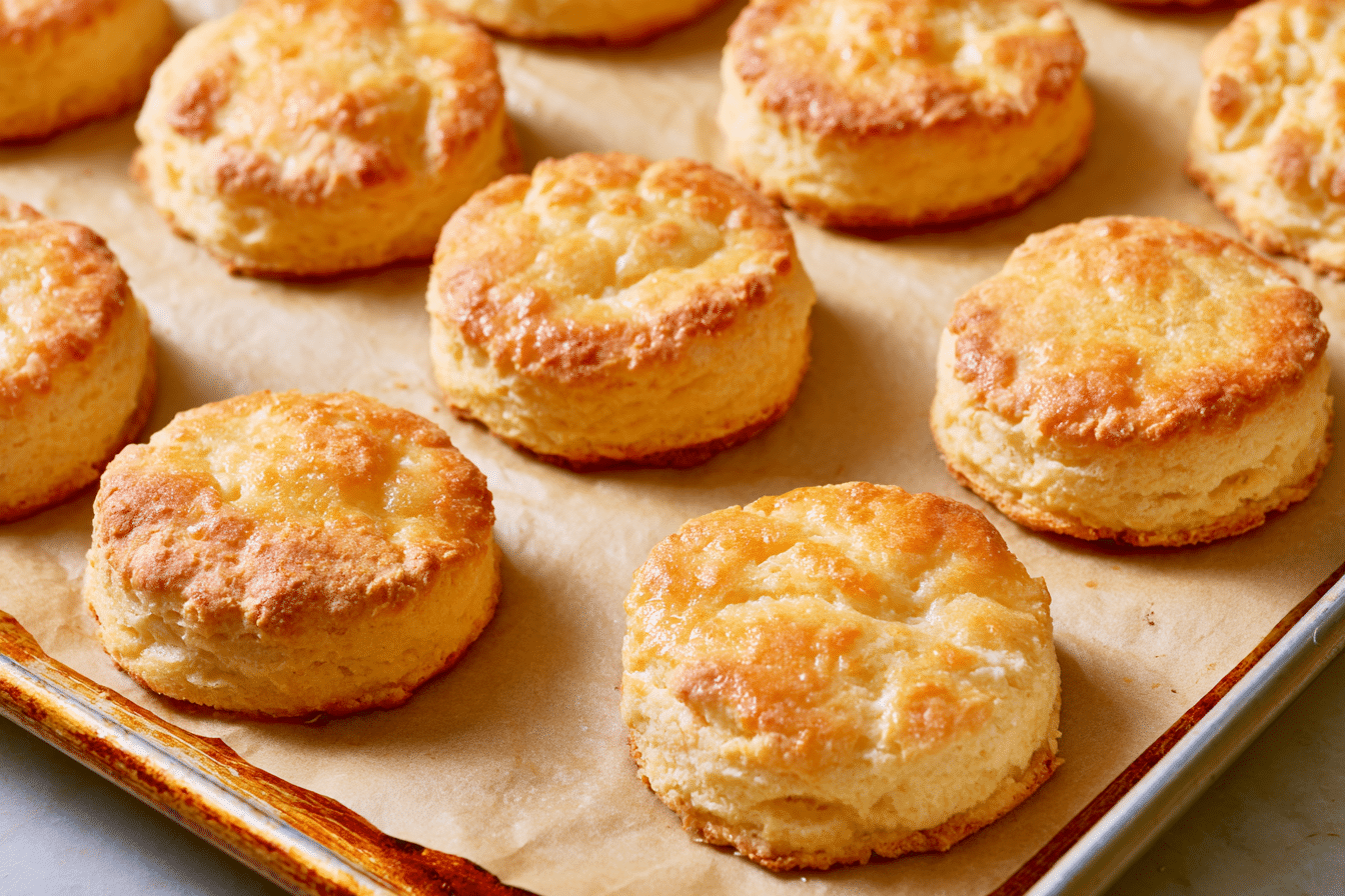 Gluten-free shortcake biscuits on a baking sheet, golden brown and slightly risen, ready to be filled.