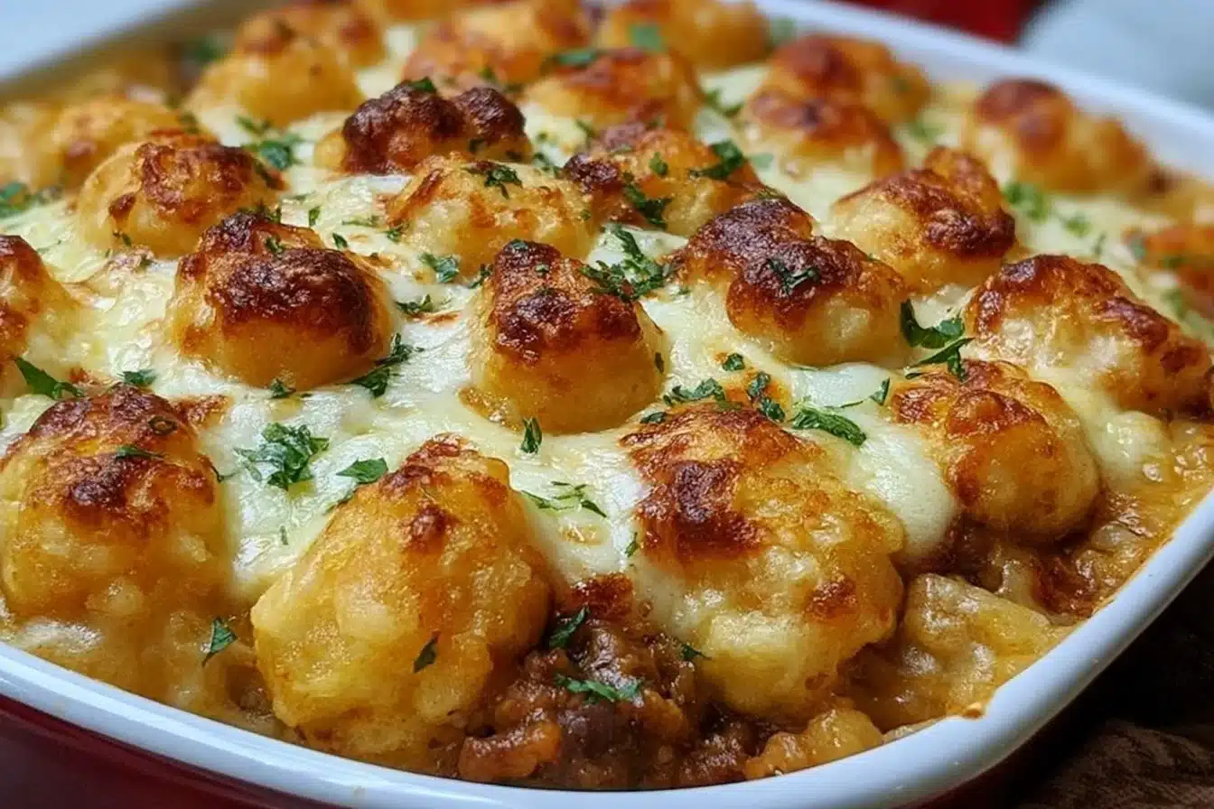 Gluten-free skillet tater tot casserole dish with vegetables and cheese