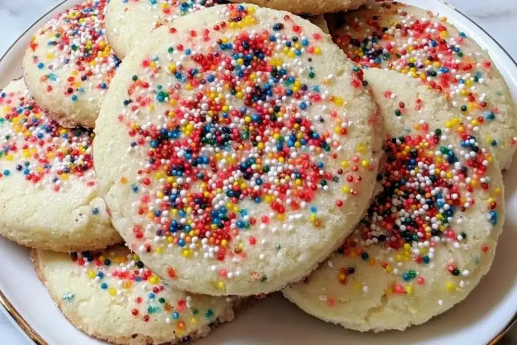Gluten free sprinkle sugar cookies displayed on a decorative plate.