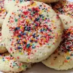 Gluten free sprinkle sugar cookies displayed on a decorative plate.
