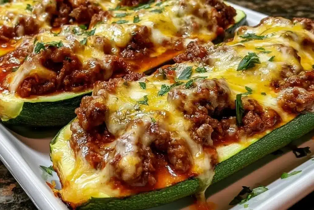 Ground Beef Zucchini Boats topped with cheese for a healthy dinner option