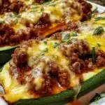 Ground Beef Zucchini Boats topped with cheese for a healthy dinner option