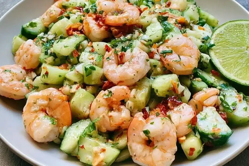 Healthy Cucumber Shrimp Salad with fresh vegetables and shrimp