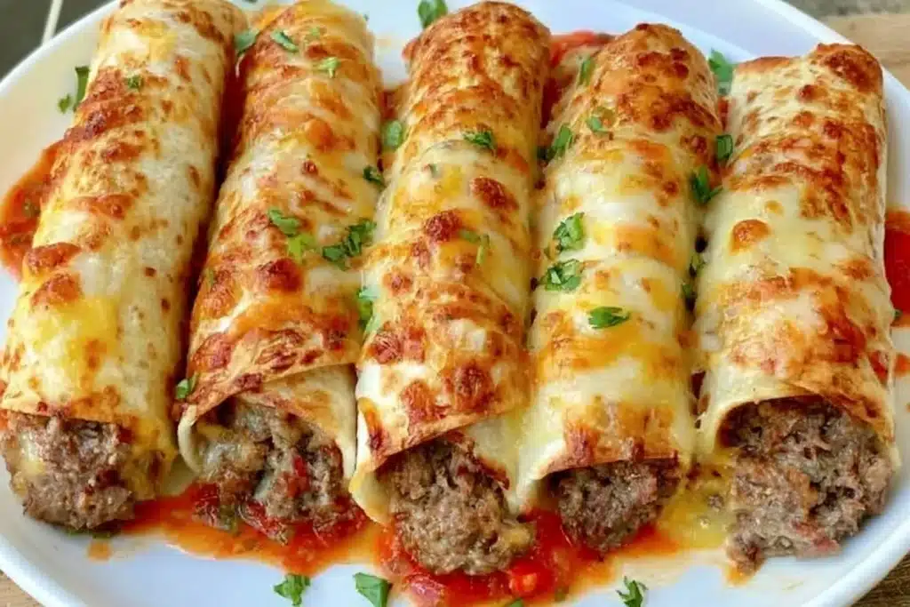 Plate of tasty Keto Beef Taquitos topped with salsa and avocado