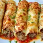 Plate of tasty Keto Beef Taquitos topped with salsa and avocado