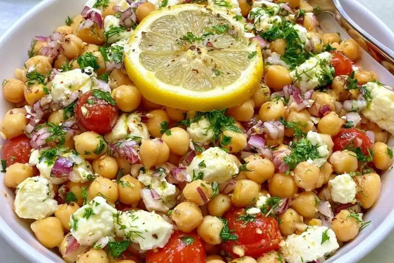Lemony Chickpea Feta Salad with fresh herbs and lemon dressing