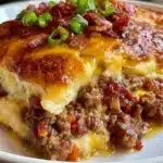 Low-carb bacon cheeseburger casserole topped with melted cheese and crispy bacon
