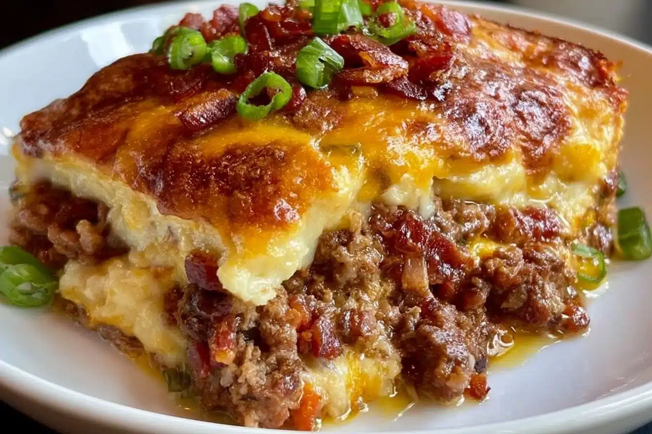 Low-carb bacon cheeseburger casserole topped with melted cheese and crispy bacon
