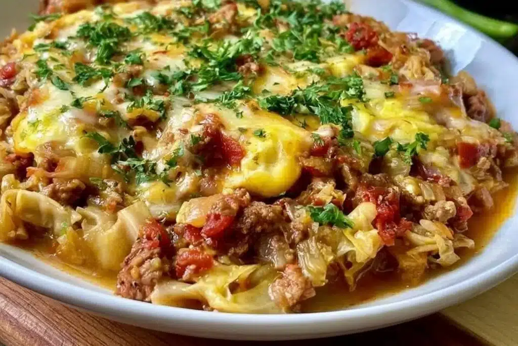 Delicious low carb unstuffed cabbage casserole served in a bowl