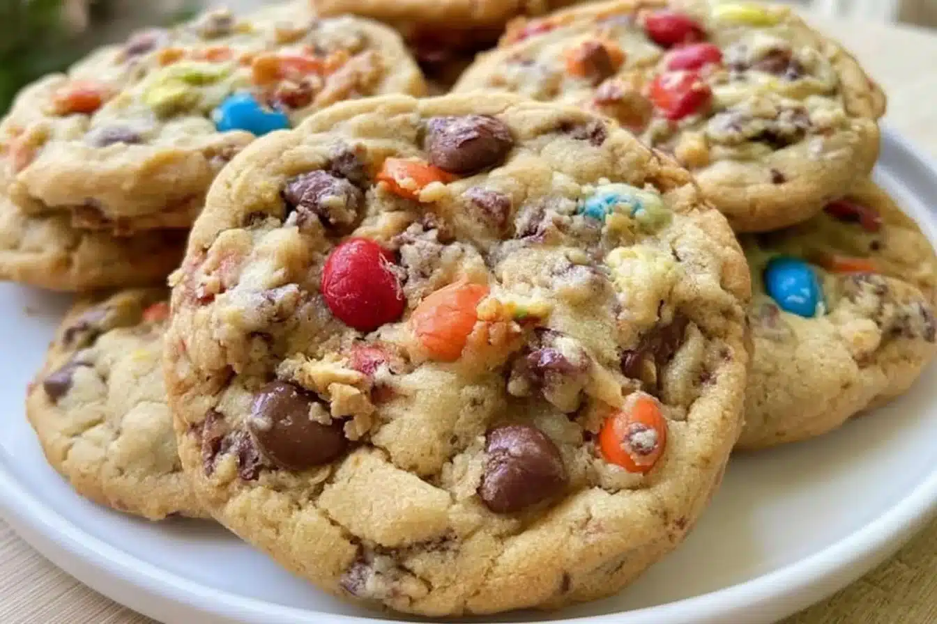 Delicious Monster Cookies filled with chocolate chips, oats, and nuts.