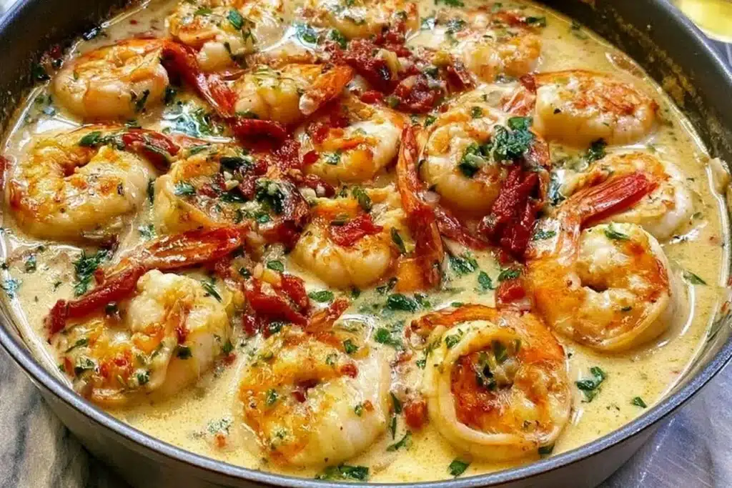One Pan Creamy Garlic Shrimp dish, healthy and delicious Paleo meal.