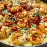One Pan Creamy Garlic Shrimp dish, healthy and delicious Paleo meal.