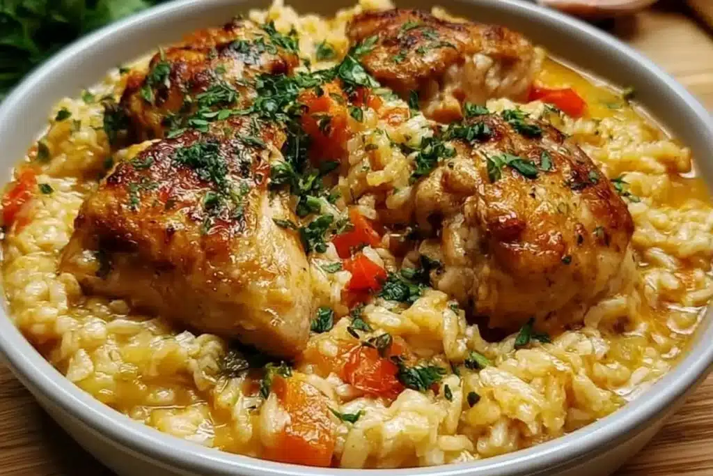 Delicious one-pot chicken and rice meal garnished with herbs.